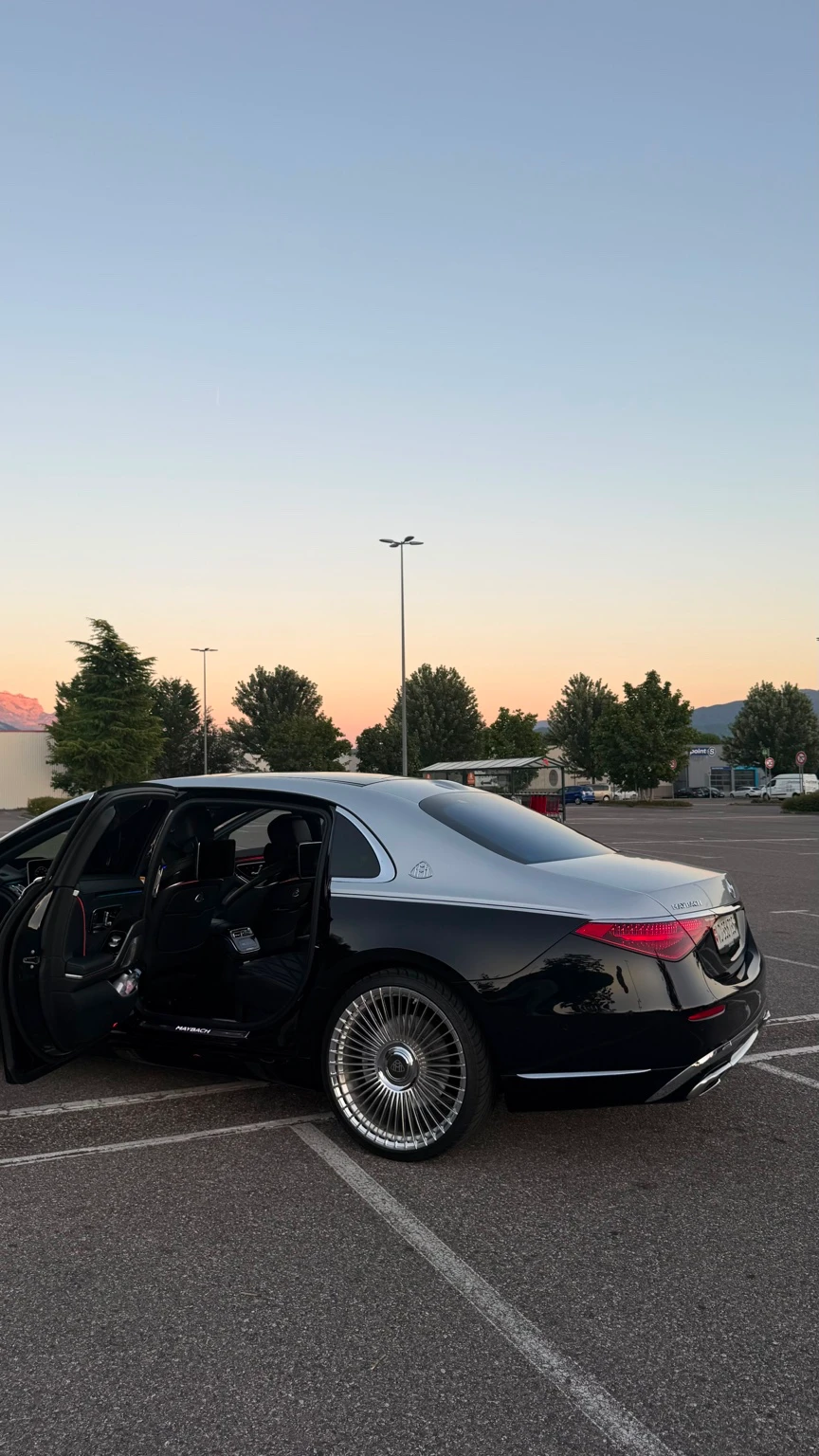 Mercedes-Maybach S-Class private chauffeur at sunset — Geneva, Lausanne, Zurich